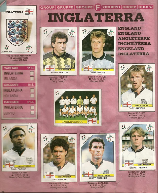 Panini World Cup Sticker Albums England World Cup Squad 1990